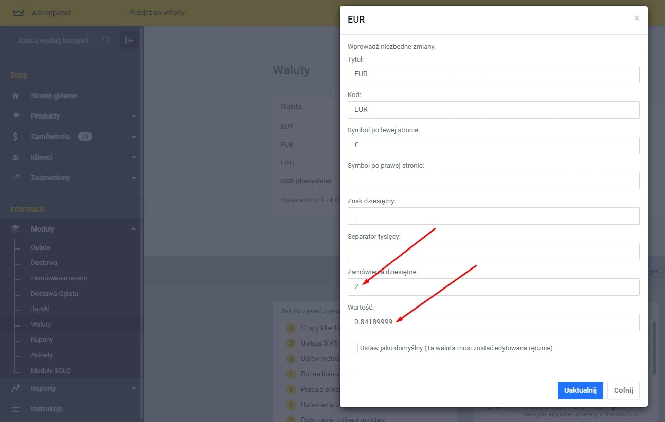 Wtyczka Wybór walut - na platformie do szybkiego tworzenia sklepów internetowych osCommerce Solomono - 2 Wybór walut - 2