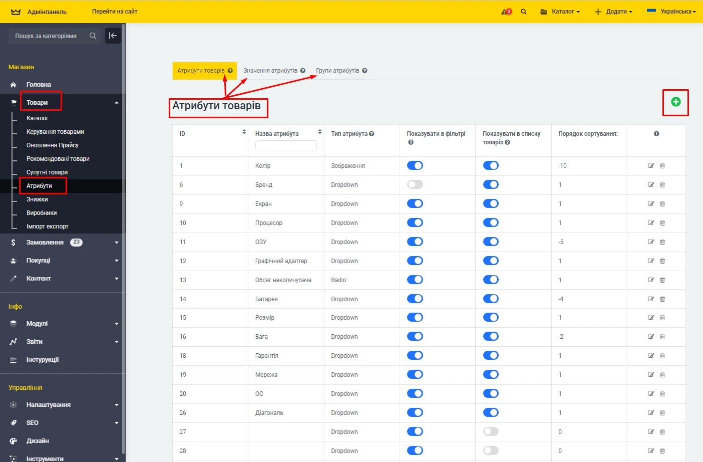 Модуль Атрибути в списку товарів - на платформі для швидкого створення інтернет-магазинів osCommerce Solomono - 2 Атрибути в списку товарів - 2