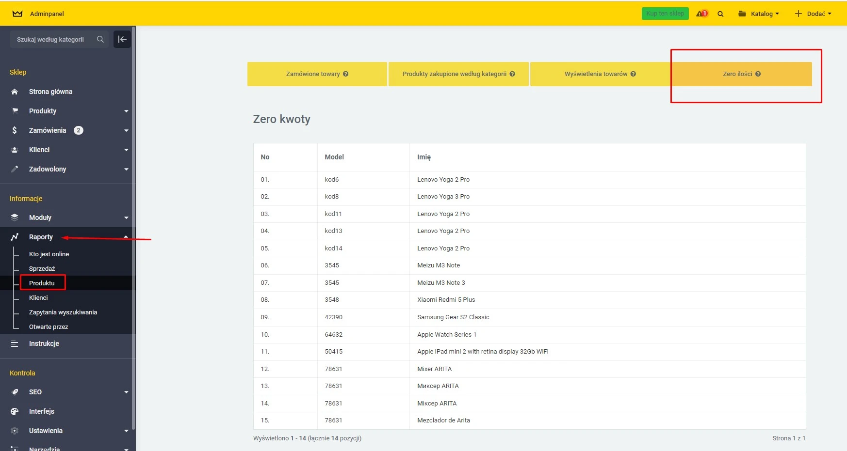 Wtyczka Raporty na temat towarów z zerową - na platformie do szybkiego tworzenia sklepów internetowych osCommerce Solomono - 1 Raporty na temat towarów z zerową - 1