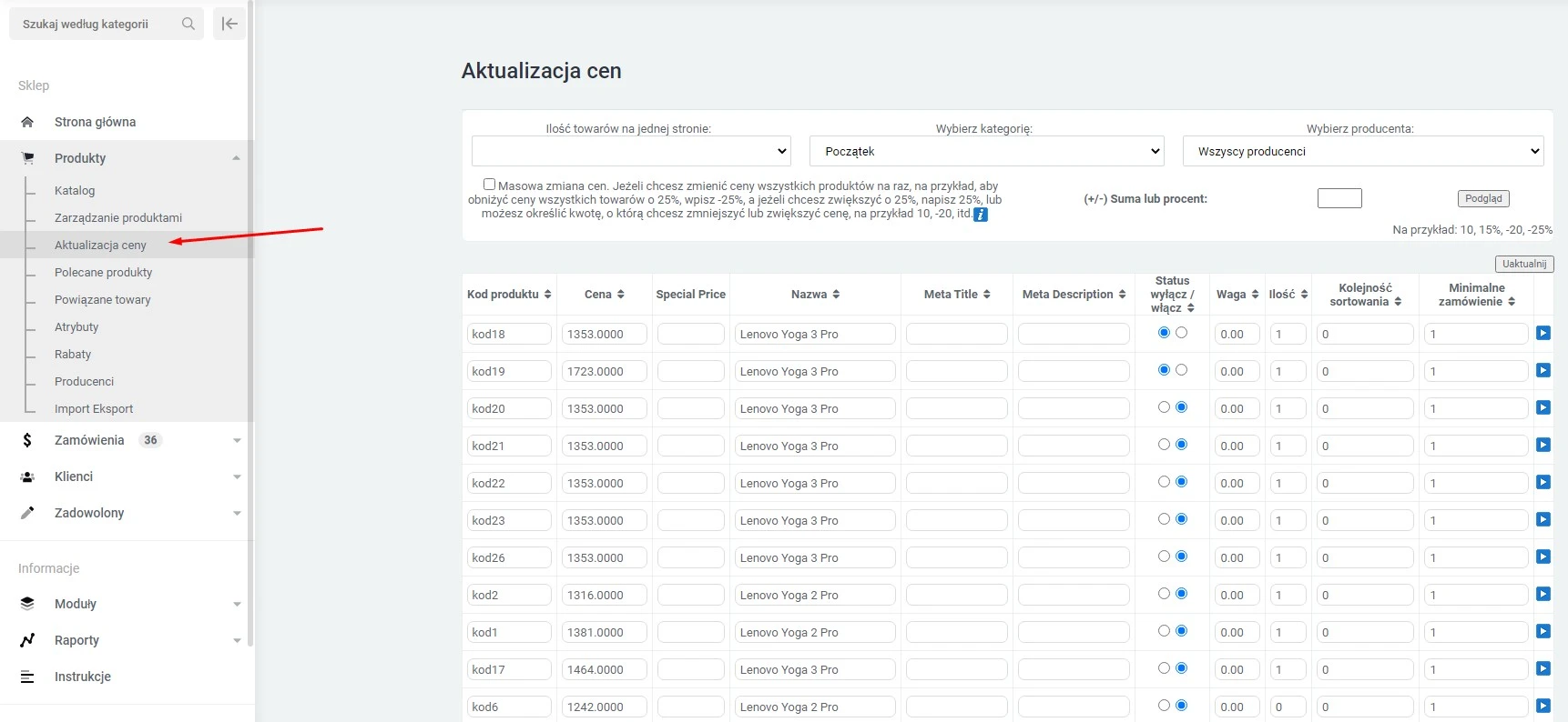 Wtyczka Grupowa edycja towarów - na platformie do szybkiego tworzenia sklepów internetowych osCommerce Solomono - 1 Grupowa edycja towarów - 1