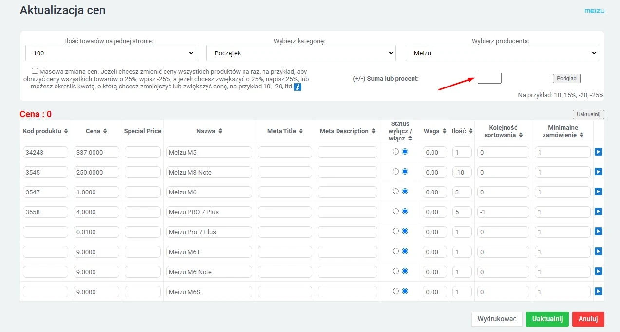 Wtyczka Grupowa edycja towarów - na platformie do szybkiego tworzenia sklepów internetowych osCommerce Solomono - 2 Grupowa edycja towarów - 2