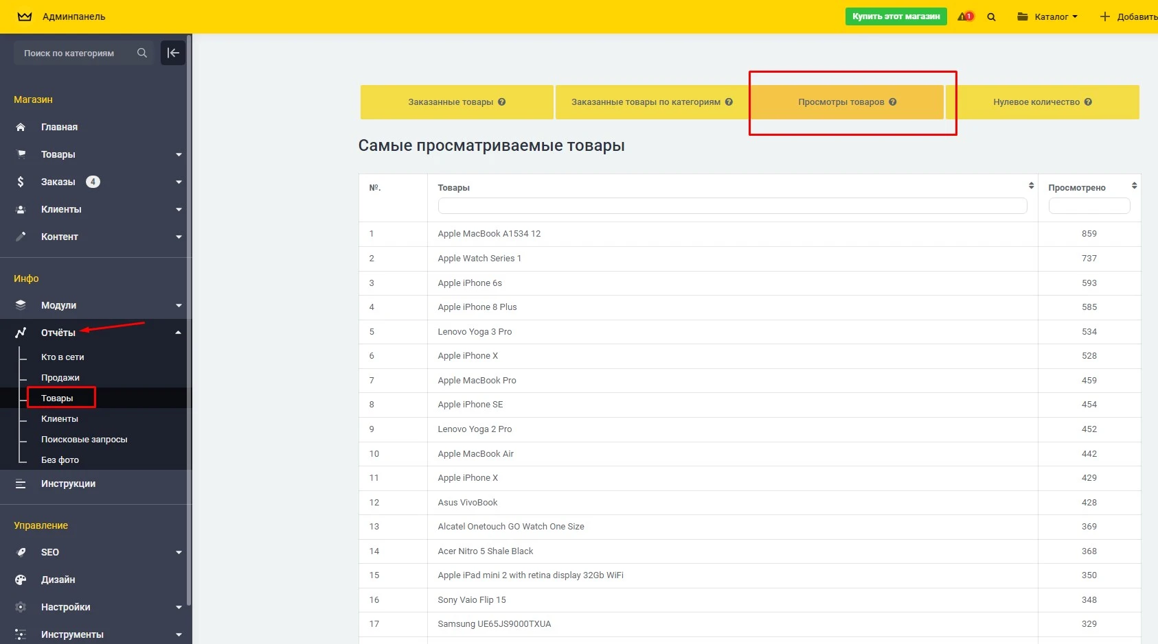 Модуль Отчёты по просмотрам товаров - на платформе для быстрого создания интернет-магазинов osCommerce Solomono - 1 Отчёты по просмотрам товаров - 1