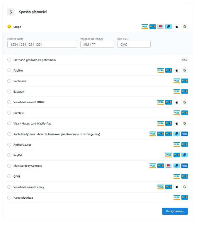 Standardowe metody płatności - 1