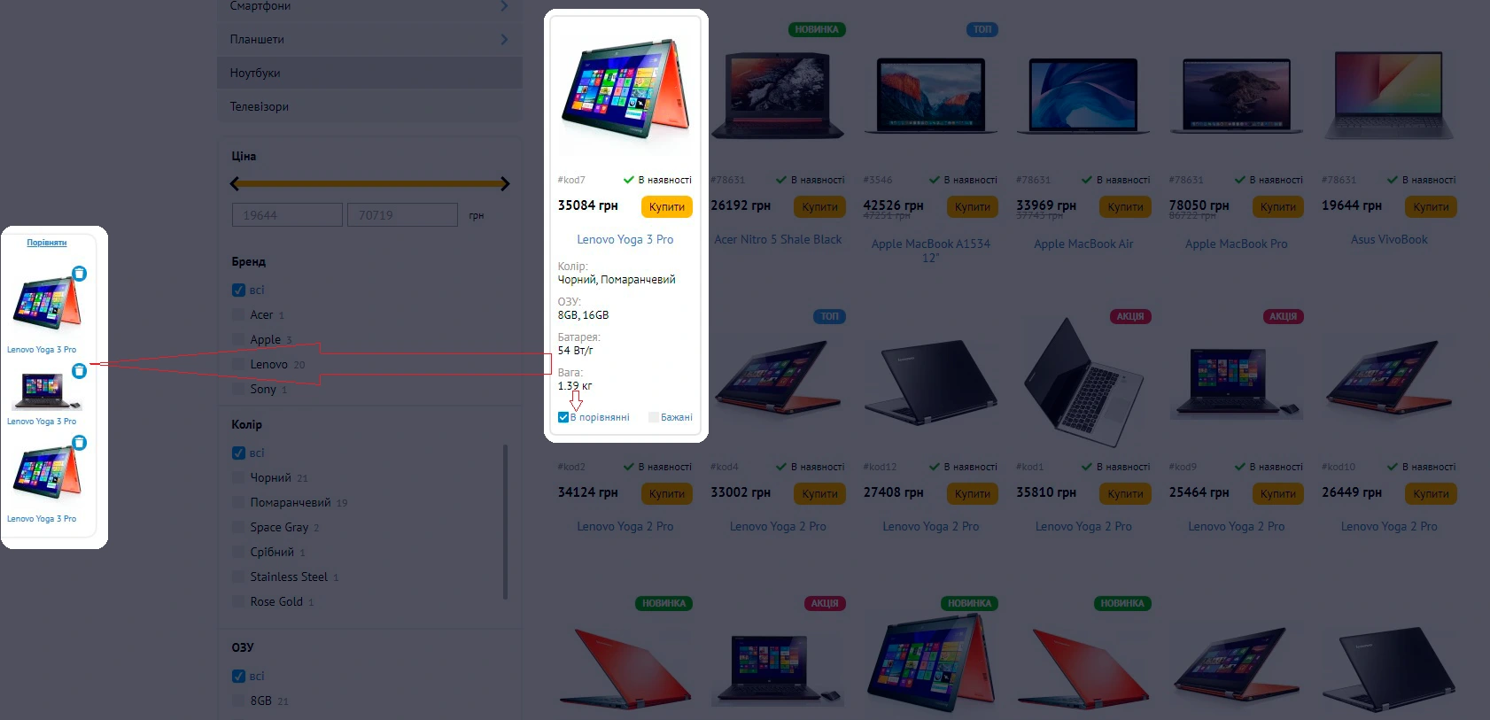 Модуль Порівняння товарів - на платформі для швидкого створення інтернет-магазинів osCommerce Solomono - 1 Порівняння товарів - 1